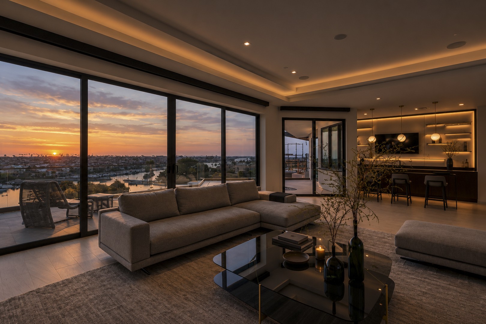 Newport Beach living room with warm interior lighting and coastal views at sunset